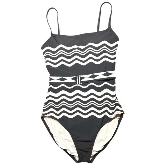 LA BLANCA One Piece Swimwear Women's Size 10 Black White Wave Design Belted - Picture 2 of 12